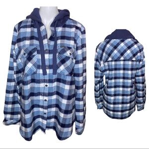 Columbia Flannel Hoodie Blue Plaid Button Up Size Large